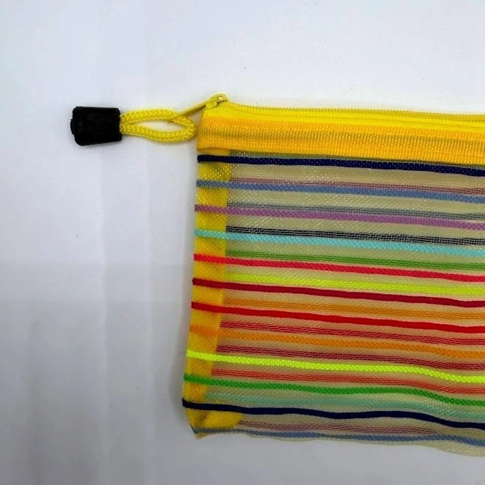 Rainbow Striped Mesh Zipper Pouch Pencil Case Cosmetic Bag Yellow Back To School